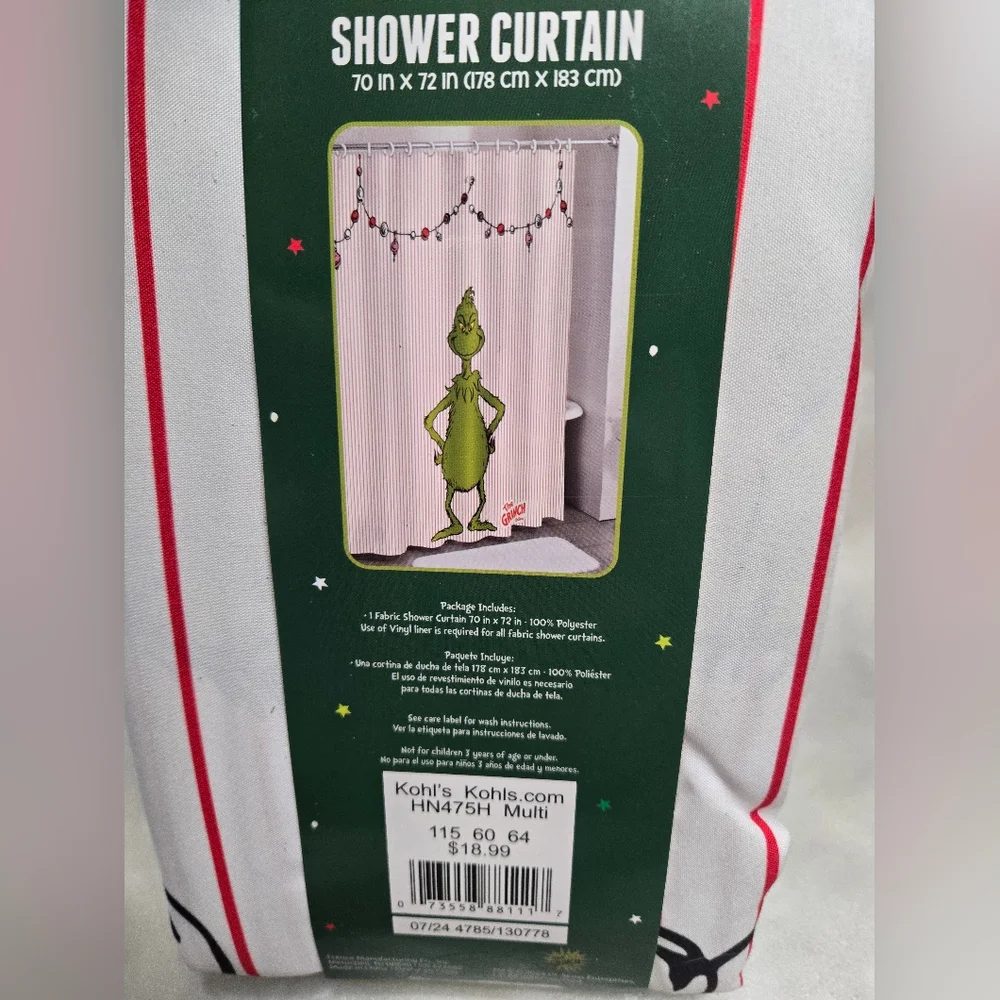 Kohl's Grinch Green and White Shower Curtain Size 70